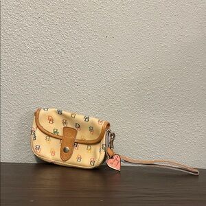 Dooney & Bourke Cream Multicolor DB Logo Wristlet with Tan Trim